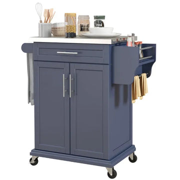 Rolling Island on Wheels, Small Kitchen island cart with Storage, Stainless Steel Countertop for Dining Room, Deep Blue - product image 1