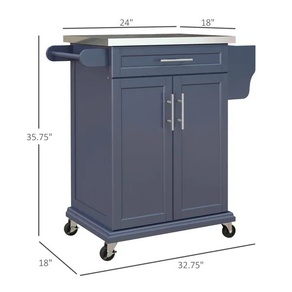 Rolling Island on Wheels, Small Kitchen island cart with Storage, Stainless Steel Countertop for Dining Room, Deep Blue - product image 3