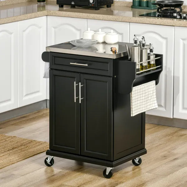 HOMCOM Rolling Kitchen Cart, Black, with Stainless Steel Countertop, Spice Rack, Island on Wheels - product image 2