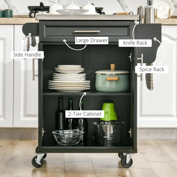 HOMCOM Rolling Kitchen Cart, Black, with Stainless Steel Countertop, Spice Rack, Island on Wheels - product image 4