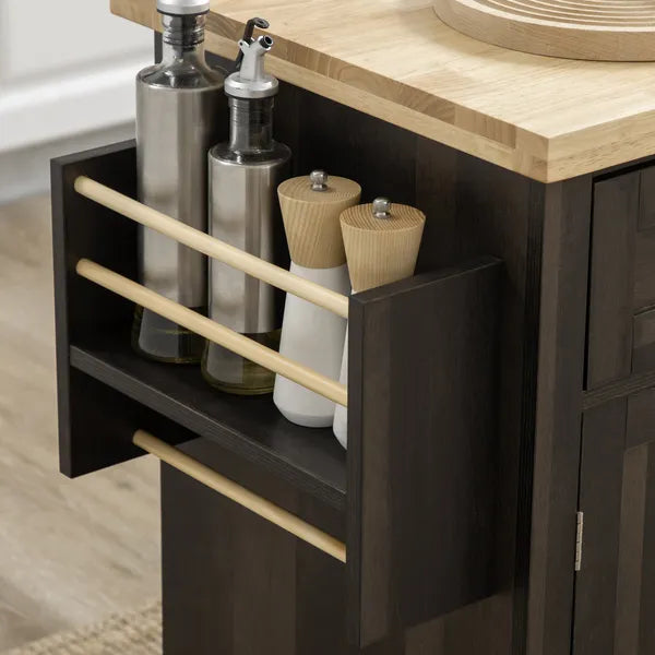 HOMCOM Rolling Kitchen Cart, Brown Oak with Rubberwood Top, Spice Rack, Towel Rack, and Drawers - product image 8