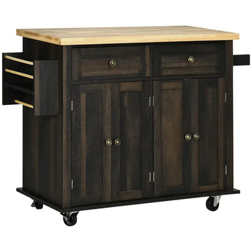 HOMCOM Rolling Kitchen Cart, Brown Oak with Rubberwood Top, Spice Rack, Towel Rack, and Drawers - product image 1