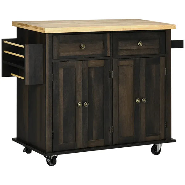 HOMCOM Rolling Kitchen Cart, Brown Oak with Rubberwood Top, Spice Rack, Towel Rack, and Drawers - product image 1