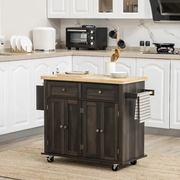 HOMCOM Rolling Kitchen Cart, Brown Oak with Rubberwood Top, Spice Rack, Towel Rack, and Drawers - product image 2