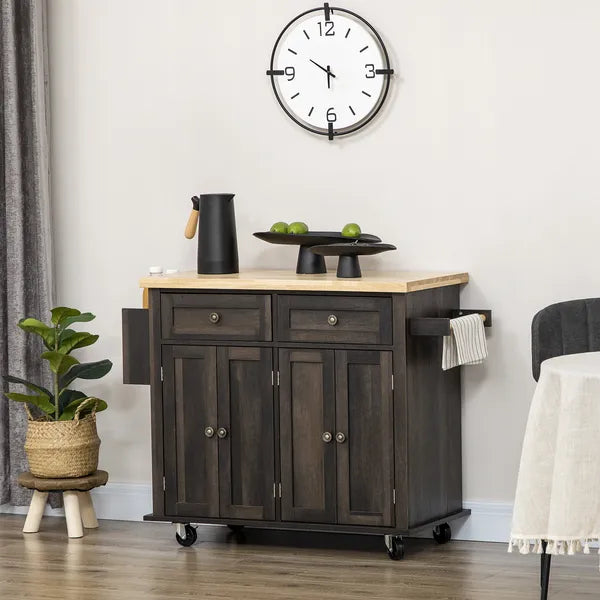 HOMCOM Rolling Kitchen Cart, Brown Oak with Rubberwood Top, Spice Rack, Towel Rack, and Drawers - product image 10