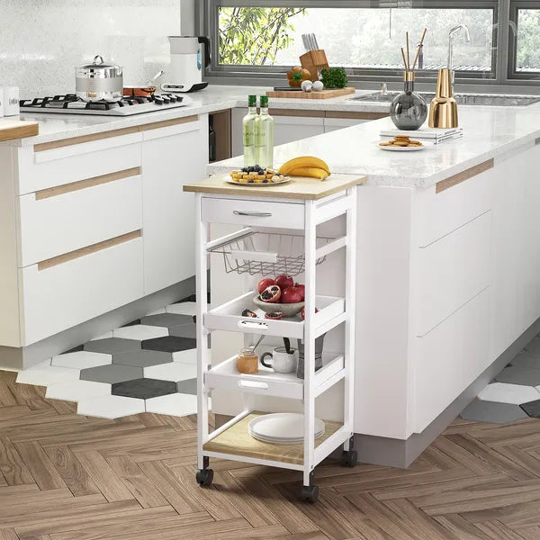 Rolling Kitchen Cart Kitchen Trolley, Mobile Prep Station with Drawer, Shelves, Basket, White - product image 2