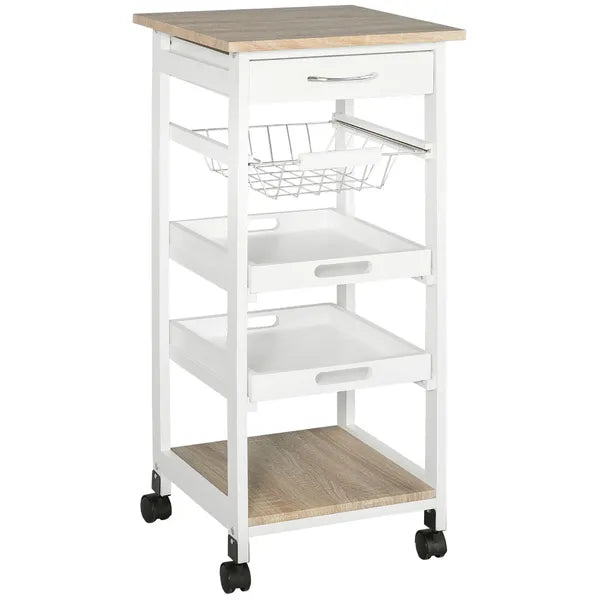 Rolling Kitchen Cart Kitchen Trolley, Mobile Prep Station with Drawer, Shelves, Basket, White - product image 1