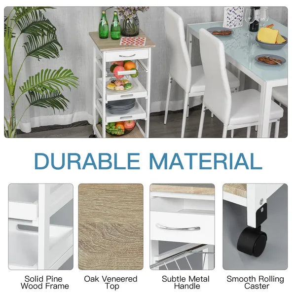 Rolling Kitchen Cart Kitchen Trolley, Mobile Prep Station with Drawer, Shelves, Basket, White - product image 6