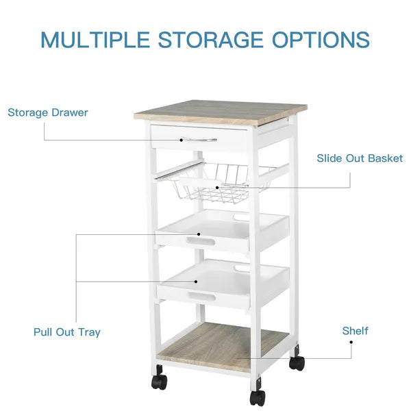 Rolling Kitchen Cart Kitchen Trolley, Mobile Prep Station with Drawer, Shelves, Basket, White - product image 7