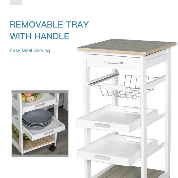 Rolling Kitchen Cart Kitchen Trolley, Mobile Prep Station with Drawer, Shelves, Basket, White - product image 4
