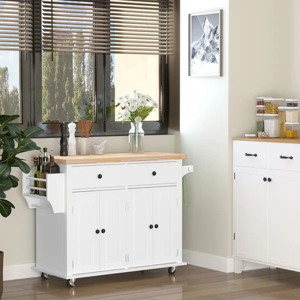 HOMCOM Rolling Kitchen Cart, White, Wood Top, Spice/Towel Rack, Storage Drawers, Movable Dining Room Trolley - product image 2