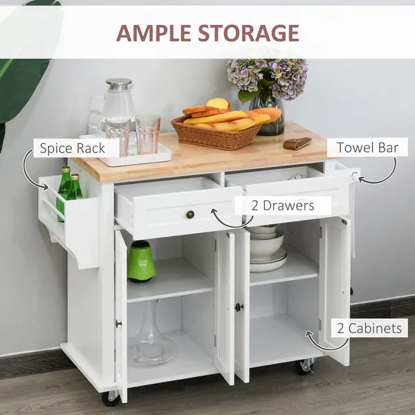 HOMCOM Rolling Kitchen Cart, White, Wood Top, Spice/Towel Rack, Storage Drawers, Movable Dining Room Trolley - product image 6