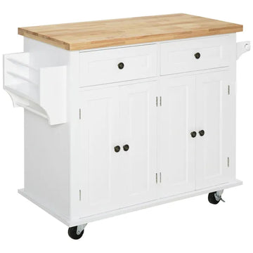 HOMCOM Rolling Kitchen Cart, White, Wood Top, Spice/Towel Rack, Storage Drawers, Movable Dining Room Trolley - product image 1