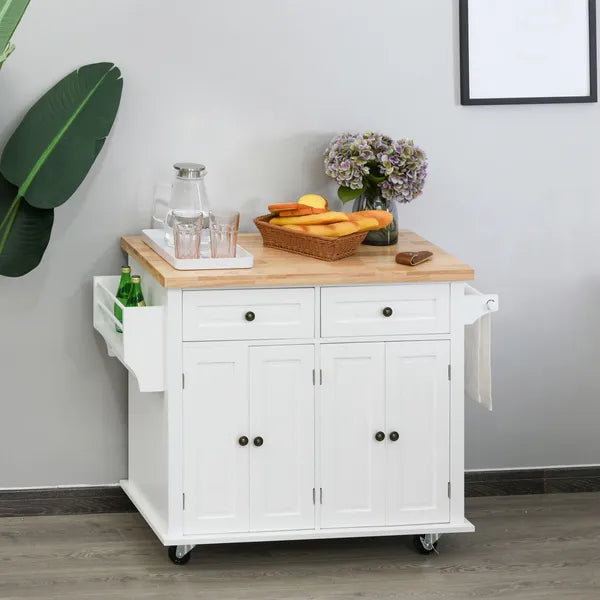 HOMCOM Rolling Kitchen Cart, White, Wood Top, Spice/Towel Rack, Storage Drawers, Movable Dining Room Trolley - product image 10