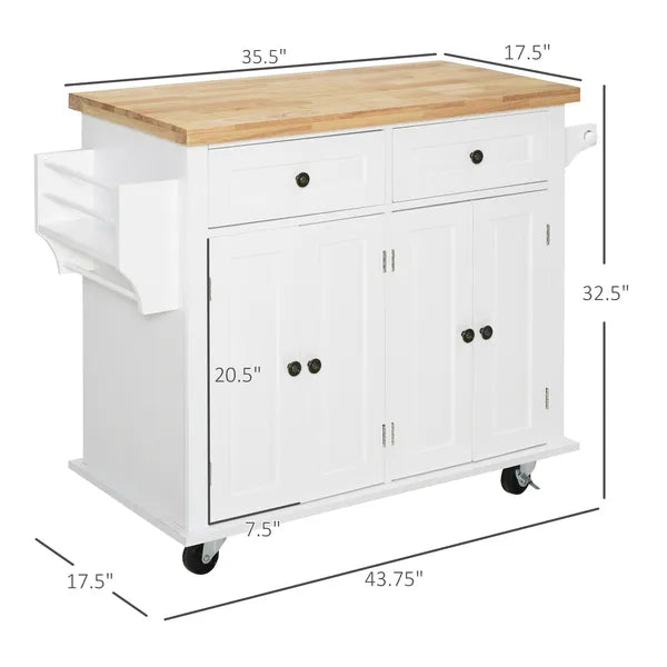 HOMCOM Rolling Kitchen Cart, White, Wood Top, Spice/Towel Rack, Storage Drawers, Movable Dining Room Trolley - product image 3