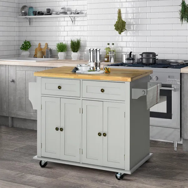 HOMCOM Rolling Kitchen Island with Rubber Wood Top, Spice/Towel Rack, Storage Drawers, Mobile Cart for Dining Room, Gray - product image 10