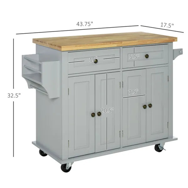 HOMCOM Rolling Kitchen Island with Rubber Wood Top, Spice/Towel Rack, Storage Drawers, Mobile Cart for Dining Room, Gray - product image 3