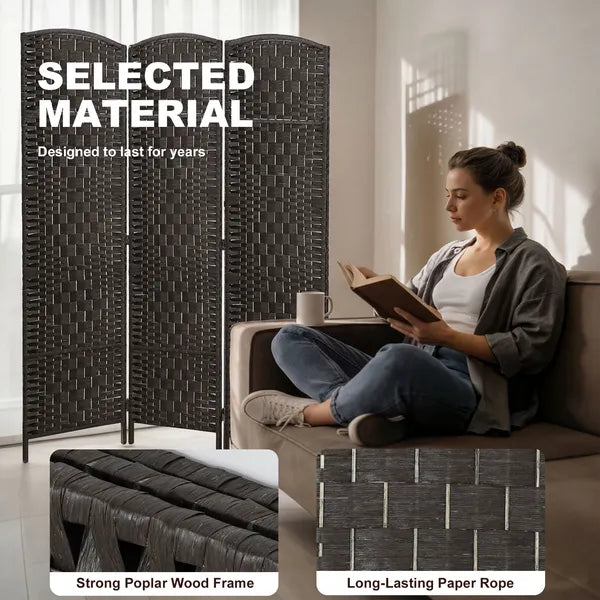 Room Divider, 3 Panel Folding Privacy Screen, 70.9" Tall Portable Weave Partition Wall Divider for Bedroom, Coffee - product image 6