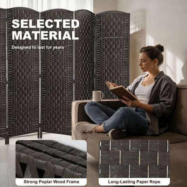 Room Divider, 6 Panel Folding Privacy Screen, 6FT Tall Portable Weave Partition Wall Divider for Bedroom, Coffee - product image 6