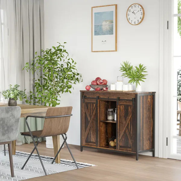 Rustic Brown Industrial Buffet Cabinet with Sliding Barn Doors Adjustable Shelves for Dining Room - product image 10
