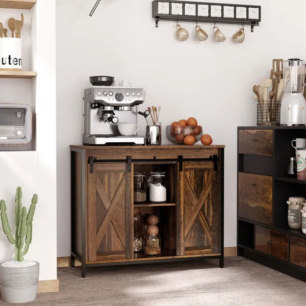 Rustic Brown Industrial Buffet Cabinet with Sliding Barn Doors Adjustable Shelves for Dining Room - product image 2