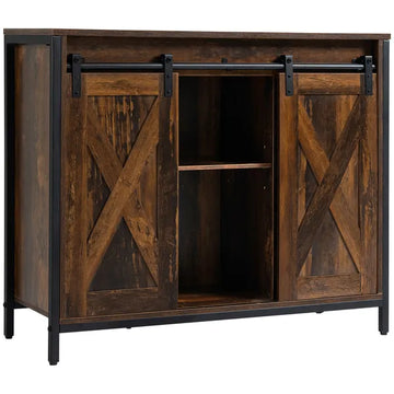 Rustic Brown Industrial Buffet Cabinet with Sliding Barn Doors Adjustable Shelves for Dining Room - product image 1