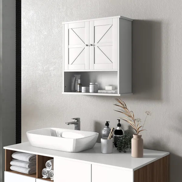 Kleankin Rustic Wall Organizer: White Farmhouse Medicine Cabinet with Barn Doors and Shelf - product image 2
