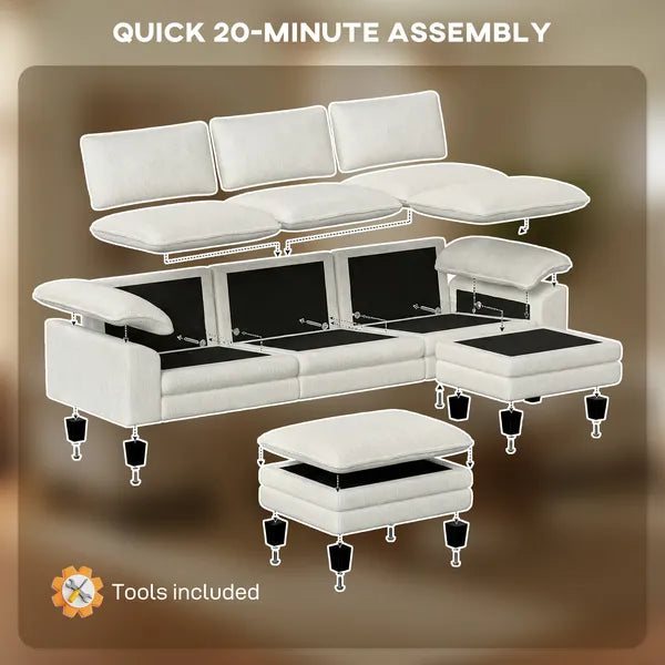 HOMCOM Sectional Sofa, L Shaped Couch with Deep Seat, Movable Ottoman and Pillow-top Armrests, Beige - product image 7