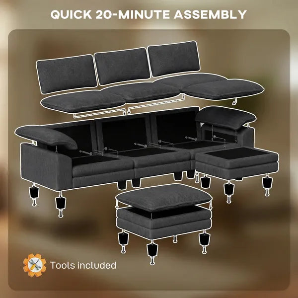 HOMCOM Sectional Sofa, L Shaped Couch with Deep Seat, Movable Ottoman and Pillow-top Armrests, Dark Gray - product image 7