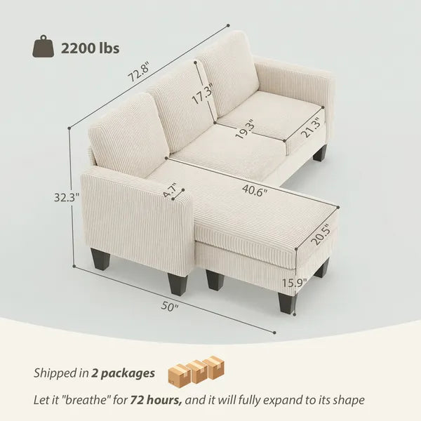 Sectional Sofa, L Shaped Couch, with Reversible Chaise or Ottoman, Cream White - product image 3