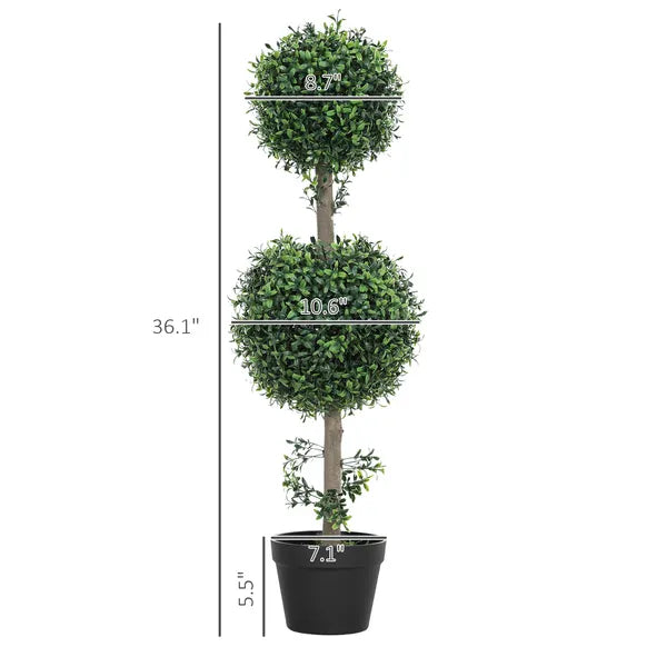 HOMCOM Set of 2 Artificial Ball Boxwood Topiary Trees, Fake Plants in Pot for Indoor Outdoor Living Room Green - product image 3