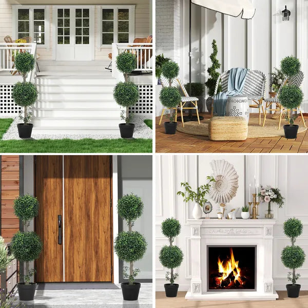 HOMCOM Set of 2 Artificial Ball Boxwood Topiary Trees, Fake Plants in Pot for Indoor Outdoor Living Room Green - product image 2