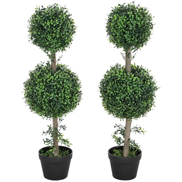 HOMCOM Set of 2 Artificial Ball Boxwood Topiary Trees, Fake Plants in Pot for Indoor Outdoor Living Room Green - product image 1