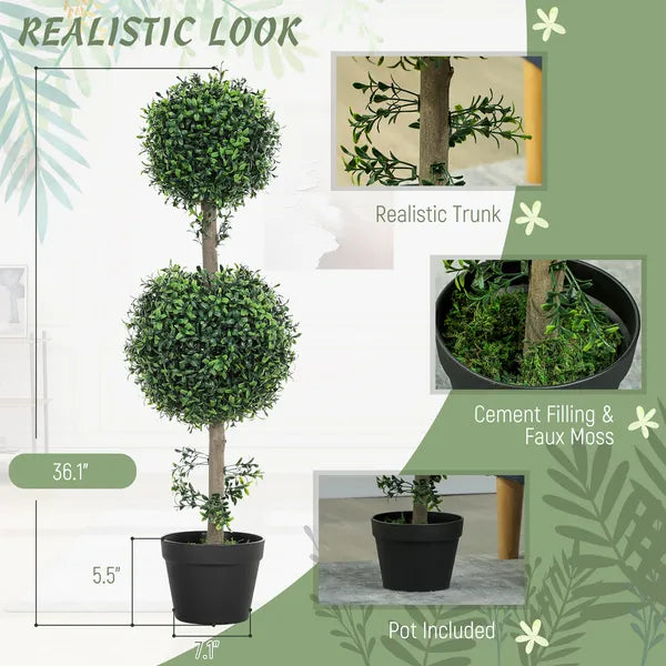 HOMCOM Set of 2 Artificial Ball Boxwood Topiary Trees, Fake Plants in Pot for Indoor Outdoor Living Room Green - product image 4