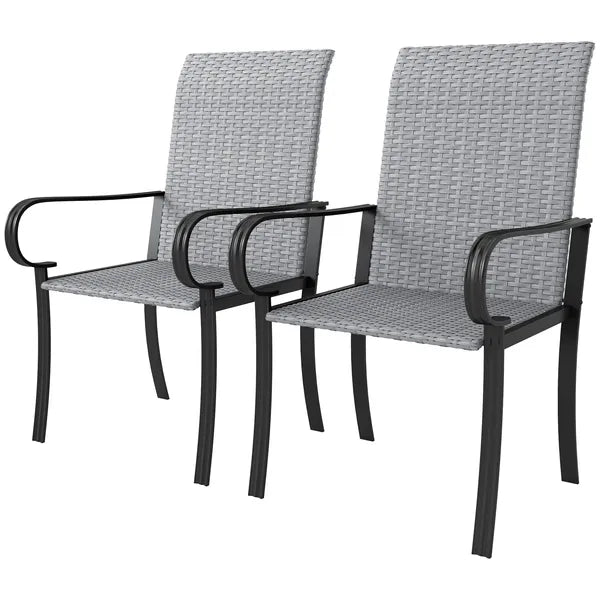 Outsunny Set of 2 Outdoor Wicker Dining Chairs with Armrest, Steel Frame, High Back and Deep Seating, Gray - product image 1