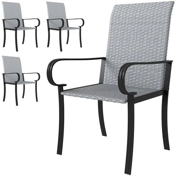 Outsunny Set of 4 Outdoor Wicker Dining Chairs with Armrest, Steel Frame, High Back and Deep Seating, Gray - product image 1