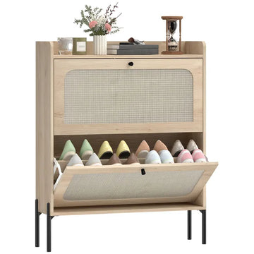 HOMCOM Shoe Cabinet with 2 Flip Drawers, Boho Narrow Shoe Storage Cabinet, Oak - product image 1