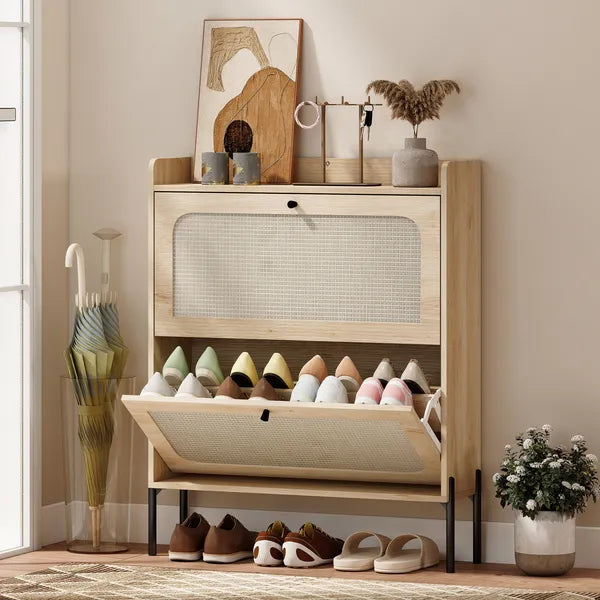 HOMCOM Shoe Cabinet with 2 Flip Drawers, Boho Narrow Shoe Storage Cabinet, Oak - product image 2