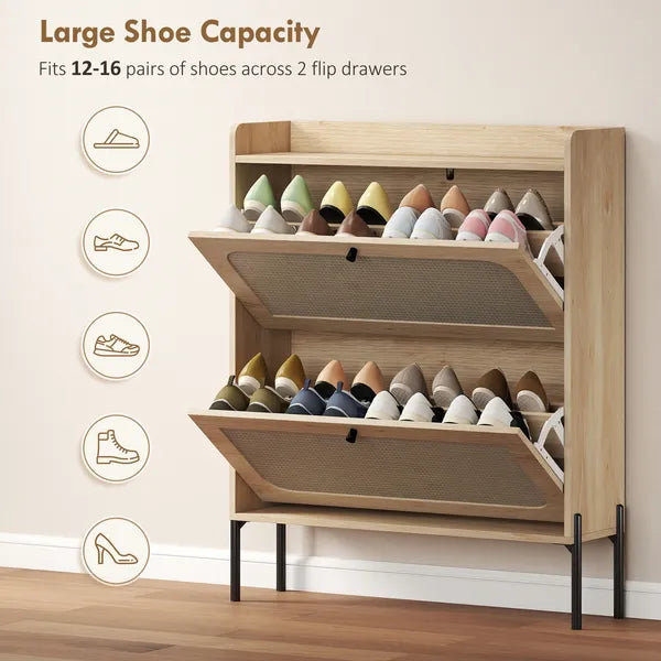 HOMCOM Shoe Cabinet with 2 Flip Drawers, Boho Narrow Shoe Storage Cabinet, Oak - product image 5