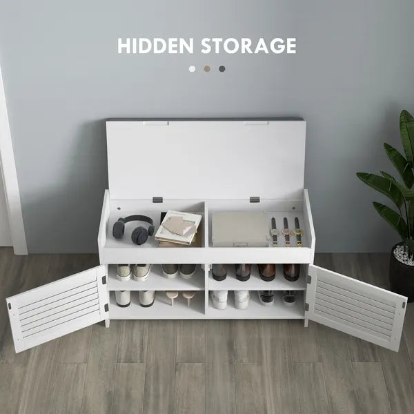 HOMCOM Shoe Storage Bench, Modern Entryway Bench with Cushion, Hidden Compartments, Adjustable Shelves, Shutter Doors, White - product image 4