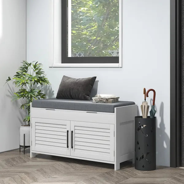 HOMCOM Shoe Storage Bench, Modern Entryway Bench with Cushion, Hidden Compartments, Adjustable Shelves, Shutter Doors, White - product image 2