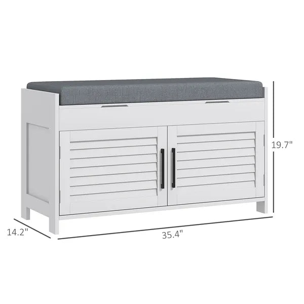 HOMCOM Shoe Storage Bench, Modern Entryway Bench with Cushion, Hidden Compartments, Adjustable Shelves, Shutter Doors, White - product image 3