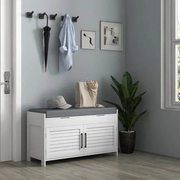 HOMCOM Shoe Storage Bench, Modern Entryway Bench with Cushion, Hidden Compartments, Adjustable Shelves, Shutter Doors, White - product image 10