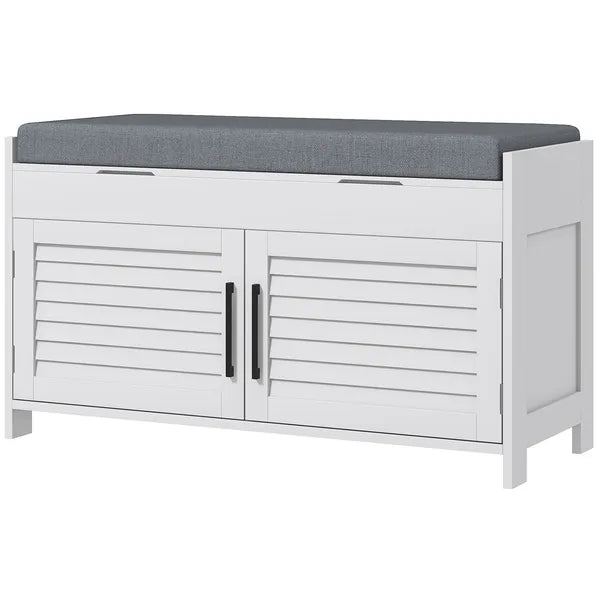 HOMCOM Shoe Storage Bench, Modern Entryway Bench with Cushion, Hidden Compartments, Adjustable Shelves, Shutter Doors, White - product image 1