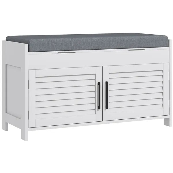 HOMCOM Shoe Storage Bench, Modern Entryway Bench with Cushion, Hidden Compartments, Adjustable Shelves, Shutter Doors, White - product image 12