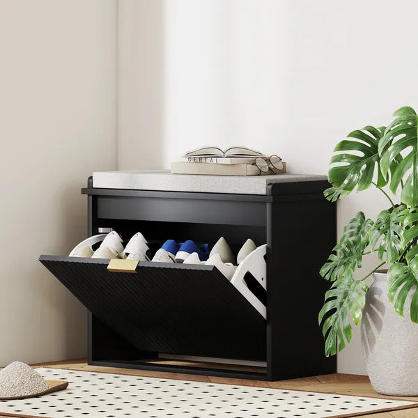 Shoe Storage Bench with Padded Seat Cushion and Flip-Drawer, Entryway Bench, Shoe Cabinet, 24.4x10.2x18.7 Inches, Black - product image 2
