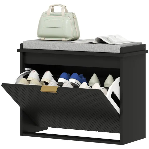 Shoe Storage Bench with Padded Seat Cushion and Flip-Drawer, Entryway Bench, Shoe Cabinet, 24.4x10.2x18.7 Inches, Black - product image 1