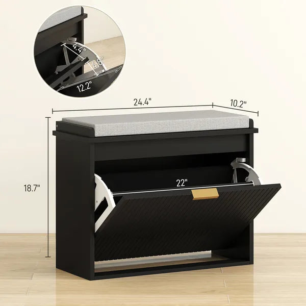 Shoe Storage Bench with Padded Seat Cushion and Flip-Drawer, Entryway Bench, Shoe Cabinet, 24.4x10.2x18.7 Inches, Black - product image 3