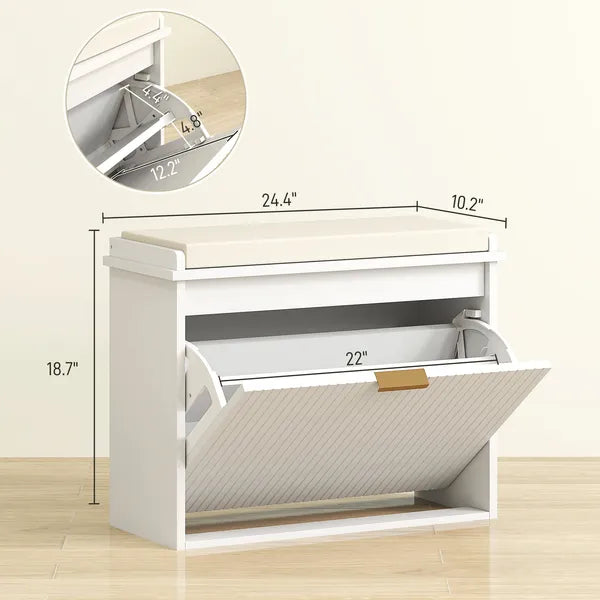 Shoe Storage Bench with Padded Seat Cushion and Flip-Drawer, Entryway Bench, Shoe Cabinet, 24.4x10.2x18.7 Inches, White - product image 3