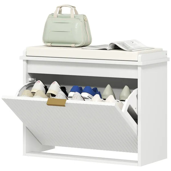 Shoe Storage Bench with Padded Seat Cushion and Flip-Drawer, Entryway Bench, Shoe Cabinet, 24.4x10.2x18.7 Inches, White - product image 1
